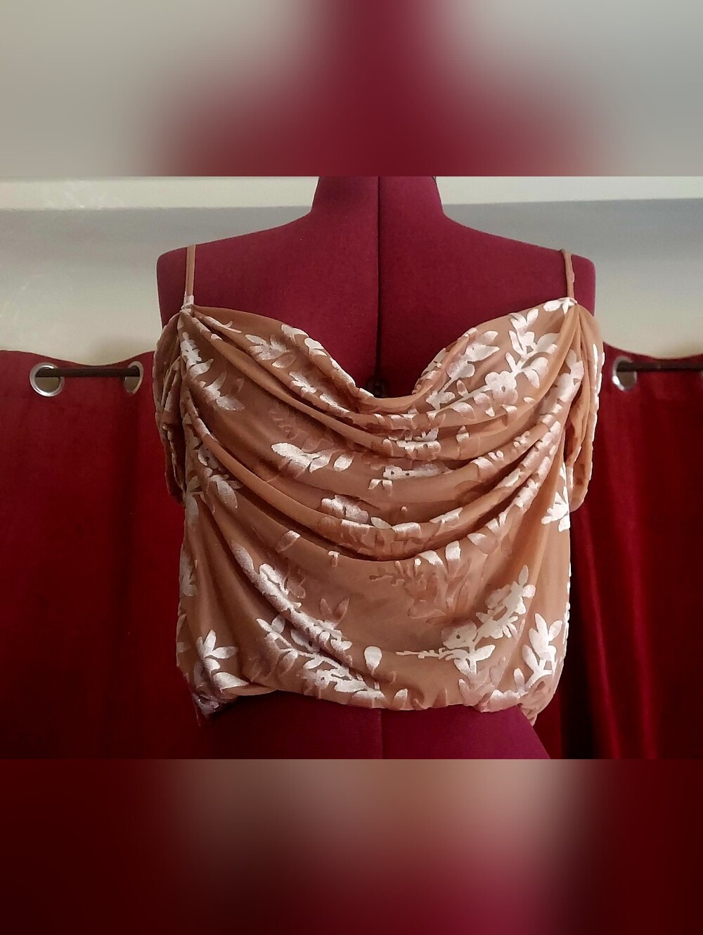 NWT Tan Floral Burnout Velvet Cold Shoulder Cowl Neck Crop Top - Sz. M